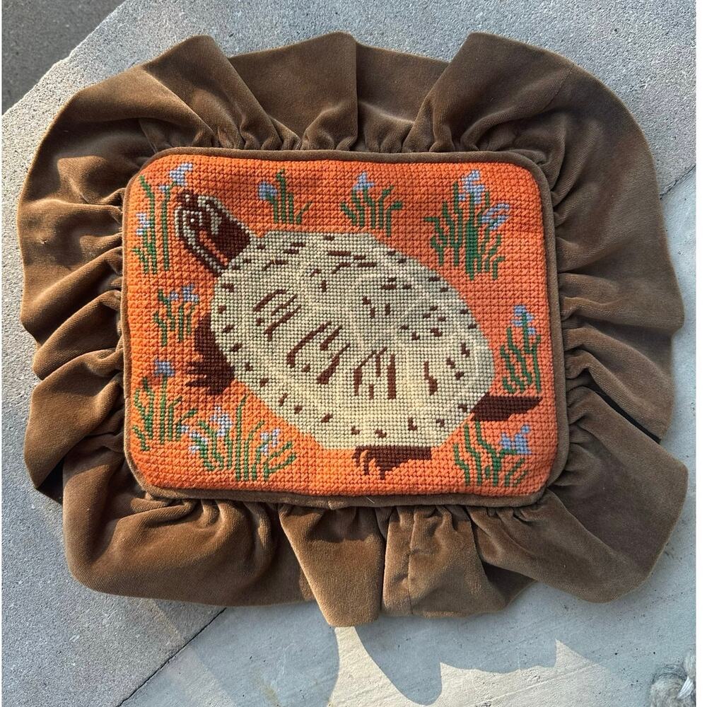 Vintage handmade needlepoint turtle pillow sham brown velvet ruffle orange